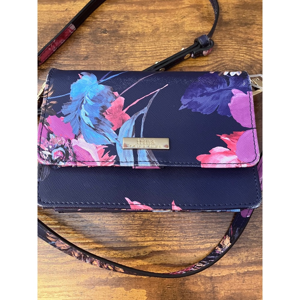 Trina Turk Floral Crossbody Wallet Bag Navy Blue Saffiano Gold Hardware
